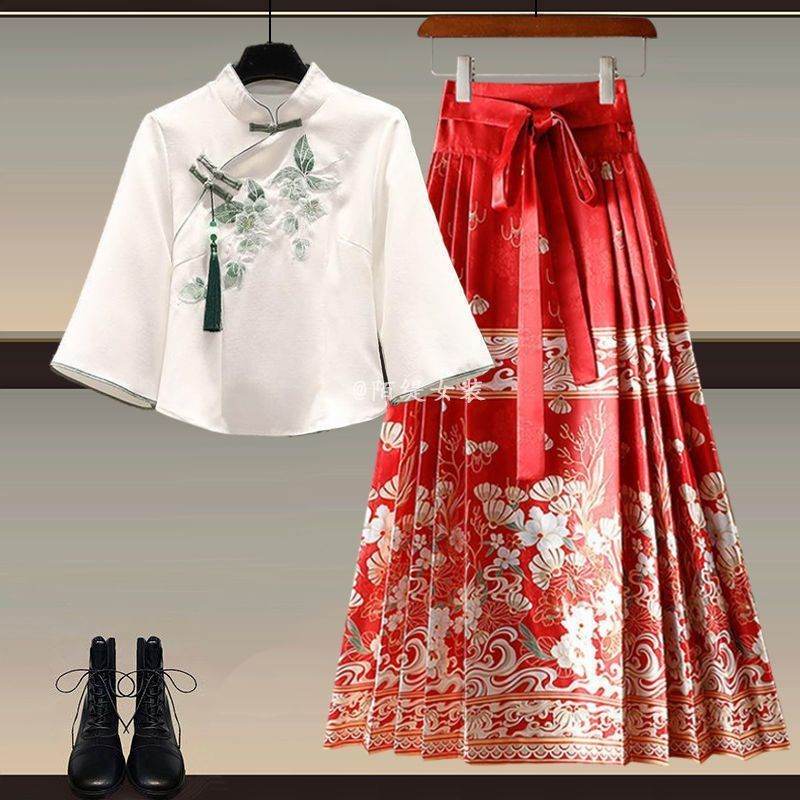 New Chinese Style Wear A Set Of Plus Size Hanfu Horse-face Skirt Two-piece Suit c Set