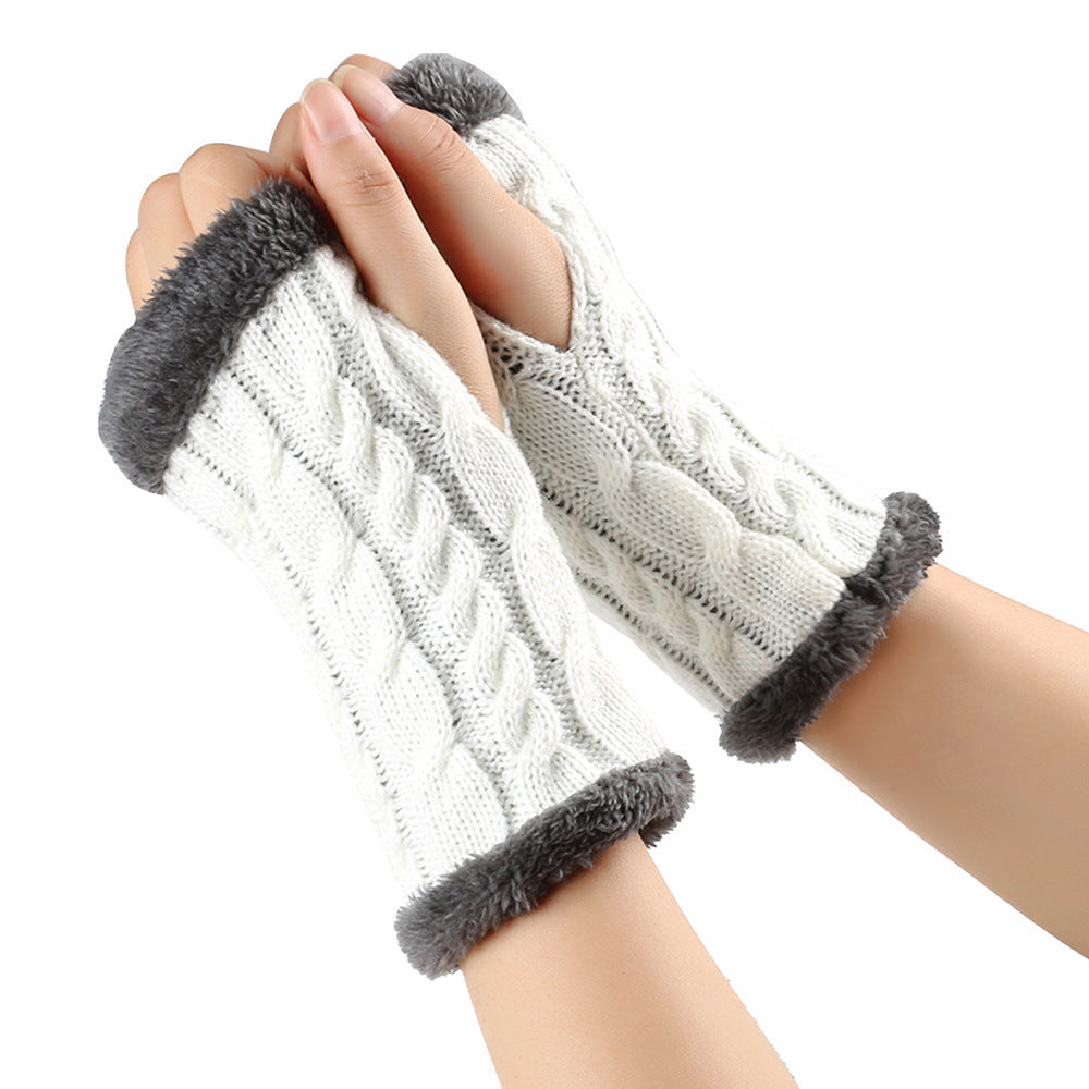 Winter Plush Gloves Twist Knitted Fingerless Fleece Gloves Women Warm Thickened Woolen Gloves White One Size