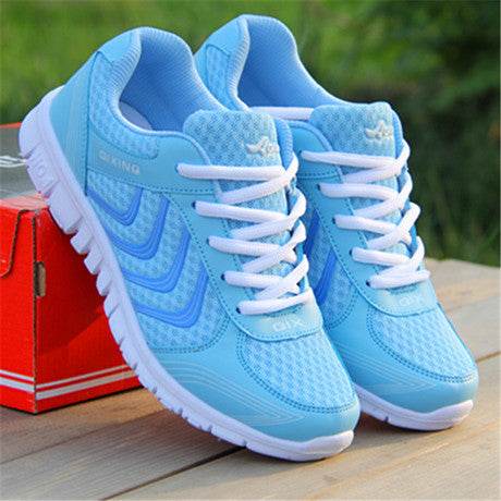 Mesh Lace Up Flat Shoes Sneakers Women Blue