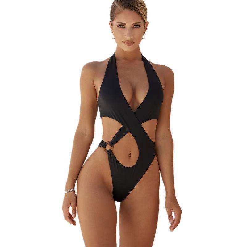 Sexy One-Piece Swimsuit Women's Solid Color Cross Hollow Large Size Bikini Bikini Swimwear Black