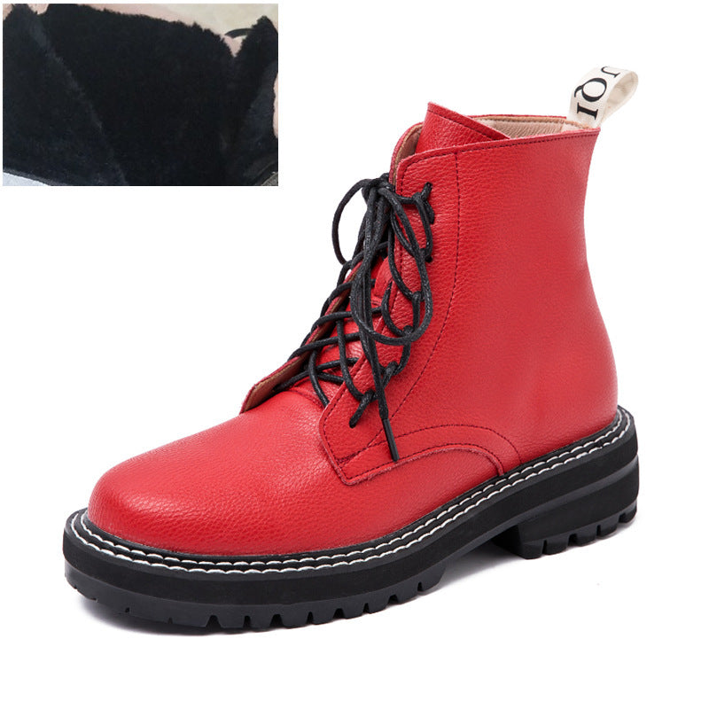 Women's boots with round toe straps Red plus velvet