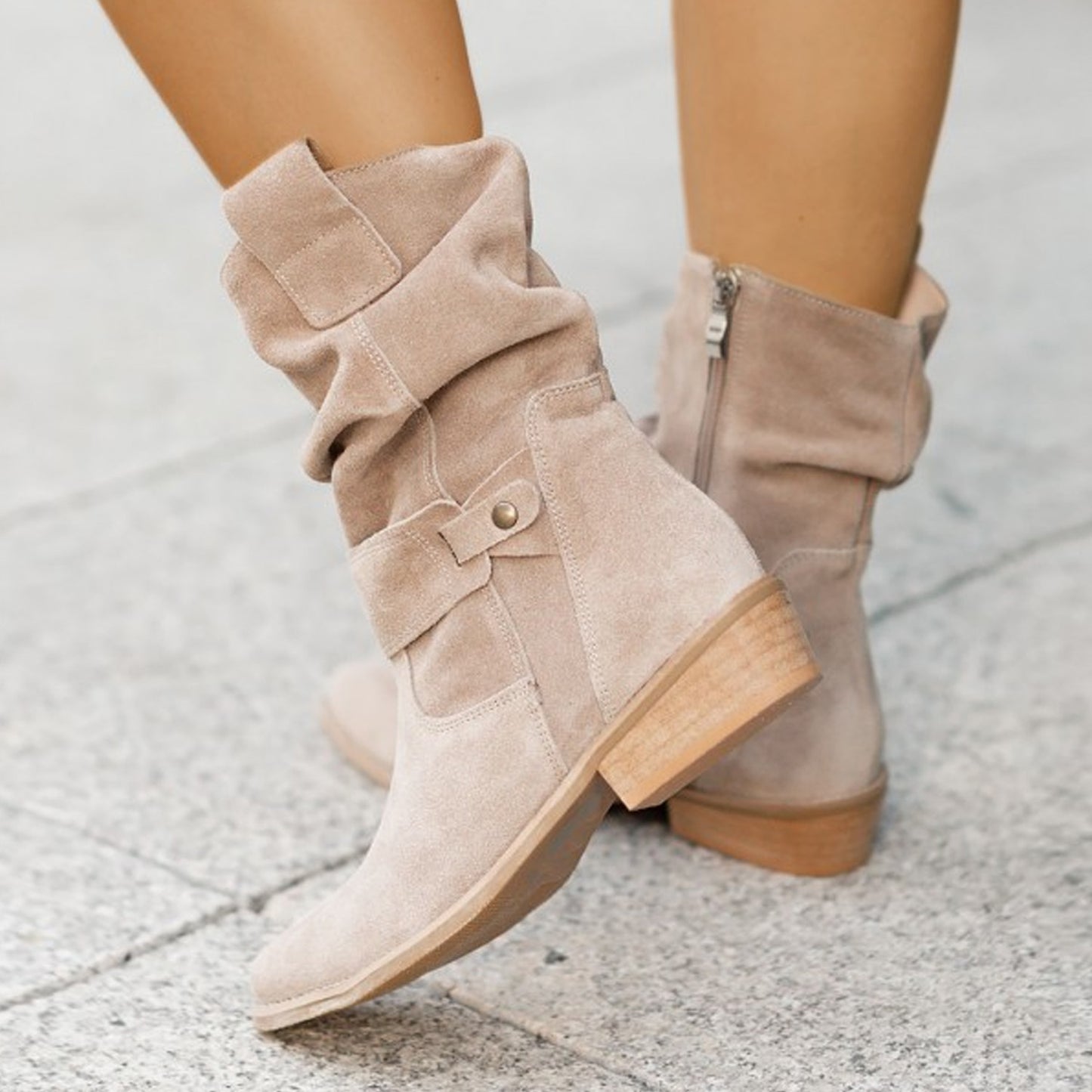 Large Size Short Boots European And American Style Round Toe Metal Apricot