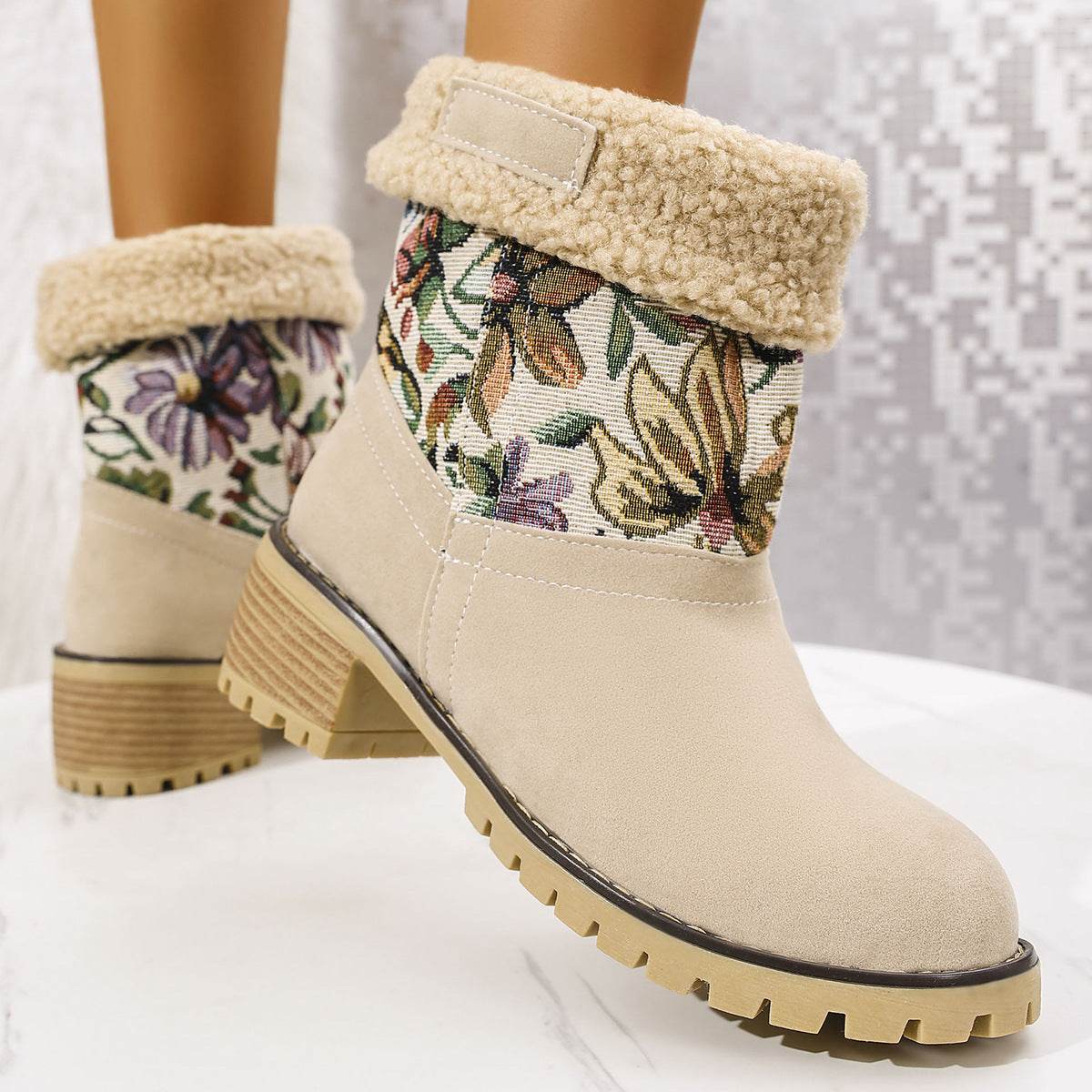 Flowers Embroidered Snow Boots Ethnic Style Platform Thick Square Heel Mid-tube Boot Winter Warm Cotton Shoes For Women Off white