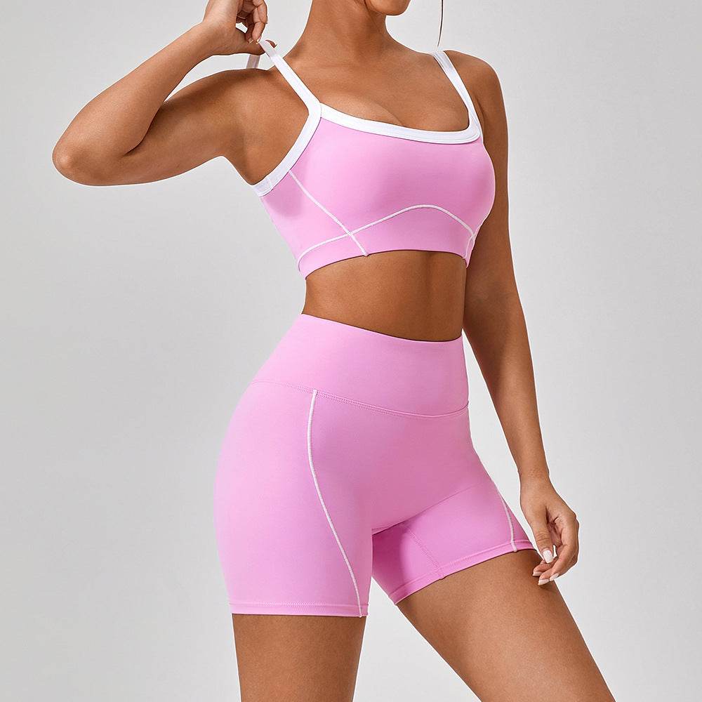 Outdoor Sports Yoga Suits Women's Spaghetti Strap Contrast Color Fitness Set Outfits Pink Short