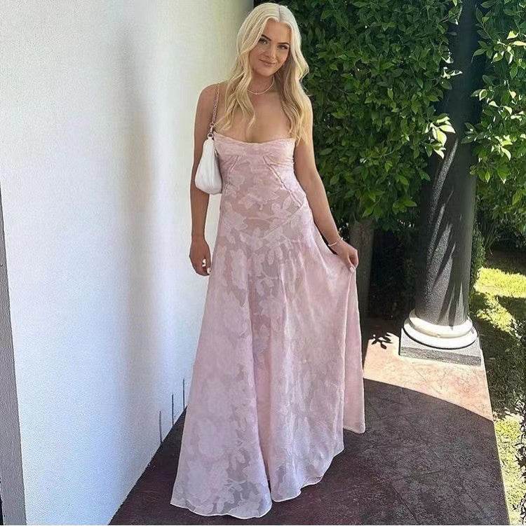 Sexy Flowers Lace Suspender Dress Summer Fashion Slim Back Lace-up Long Dresses Party Evening Club Clothing For Women