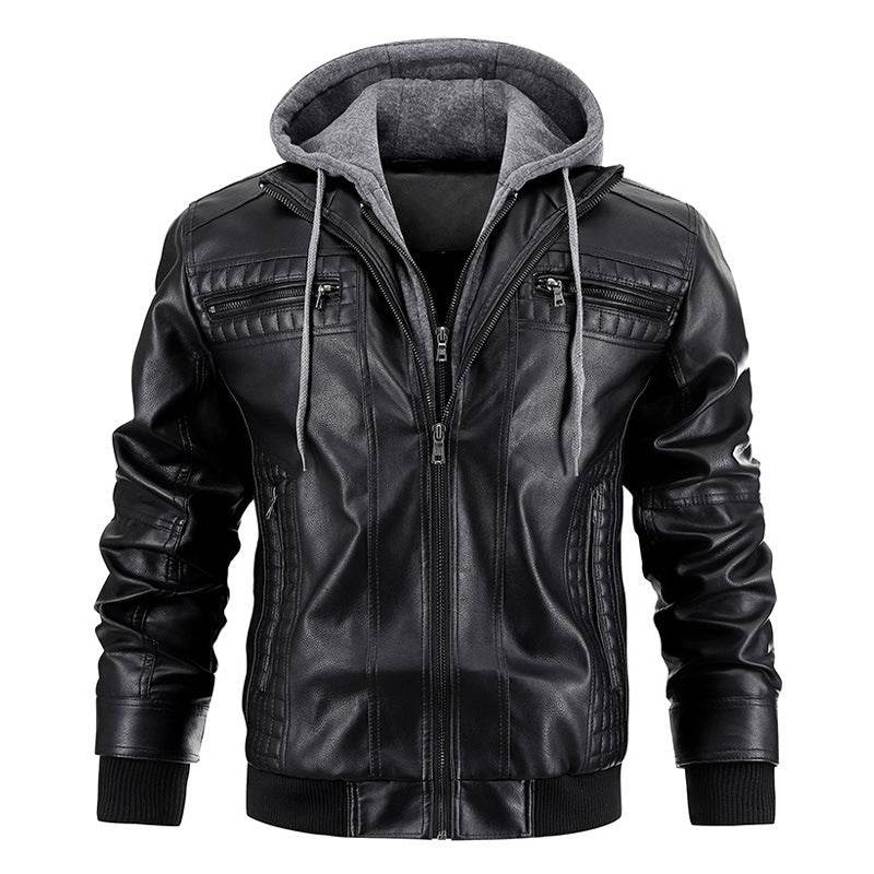 Hooded Jacket With Zipper Pockets Fashion Warm Pu Leather Coat Mens Clothing Black