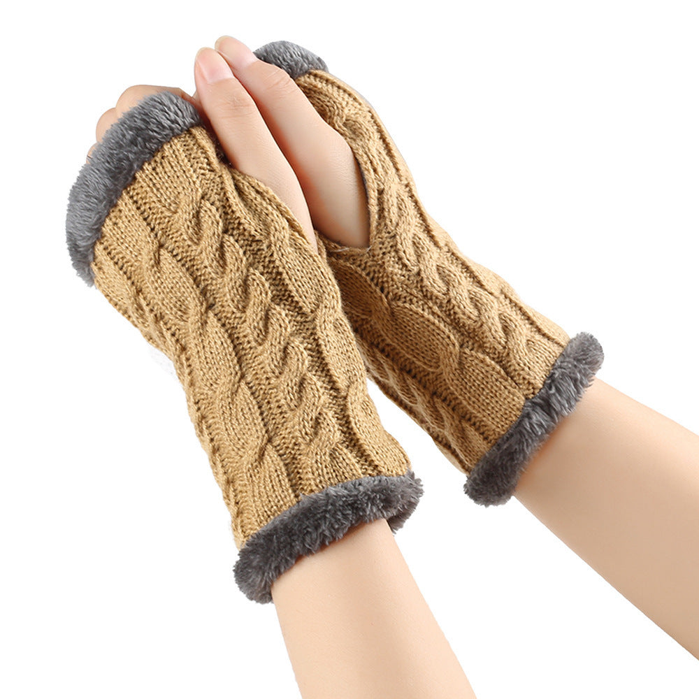 Winter Plush Gloves Twist Knitted Fingerless Fleece Gloves Women Warm Thickened Woolen Gloves Camel One Size