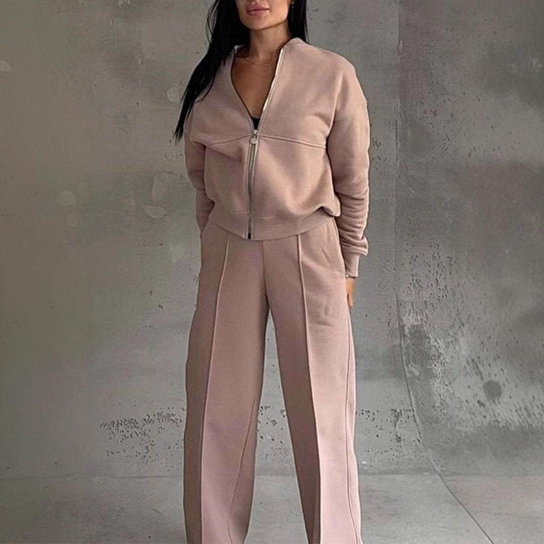 Women's Sports Suits Zipper Jacket And Wide Leg Pants Two-piece Set Pink