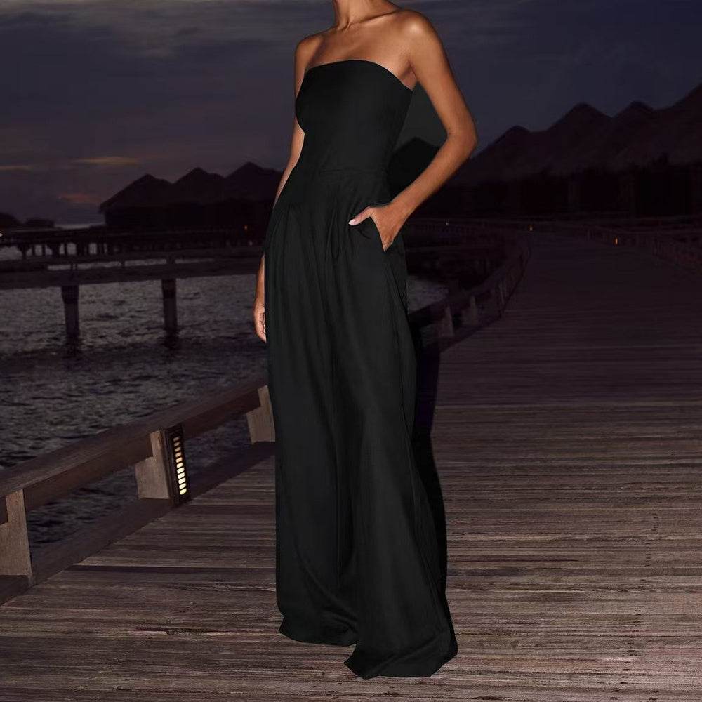 Loose Tube-top Jumpsuit Ins Fashion Backless Wide Leg Long Pants Overalls Women's Clothing Black