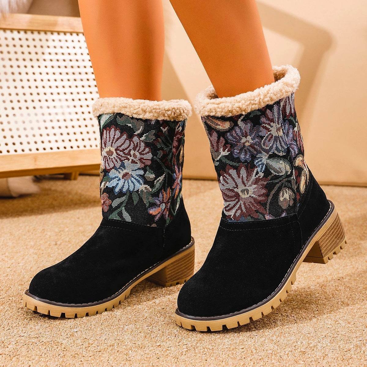 Flowers Embroidered Snow Boots Ethnic Style Platform Thick Square Heel Mid-tube Boot Winter Warm Cotton Shoes For Women Black