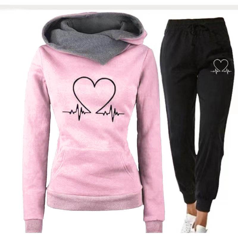 Love Heart Printed Sports Suit Hooded Sweatshirt Top And Drawstring Pants Fashion Casual Clothing For Women Pink