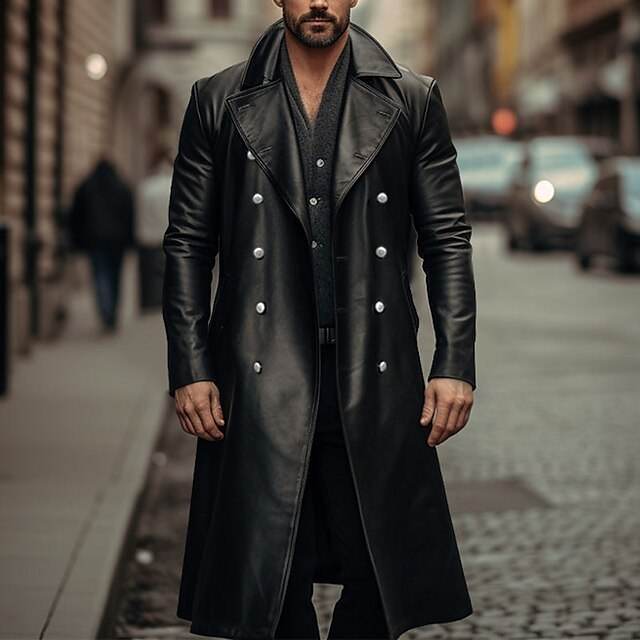 Long Trench Coat Male Double-breasted Leather Jacket