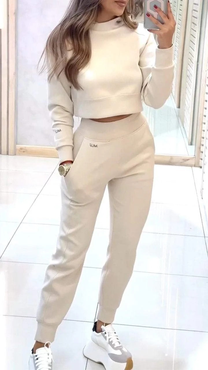 Stand Collar Sports Suit Fashion Pullover Long-sleeves Short Top And Slim Trousers With Pockets Solid Outfits Women's Clothing OFF White