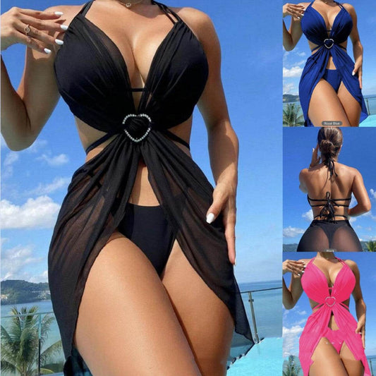 3pcs Halter Neck Bikini Beach Summer Solid Color Split Swimsuit Womens Clothing - La Gaelliance DG ESsence