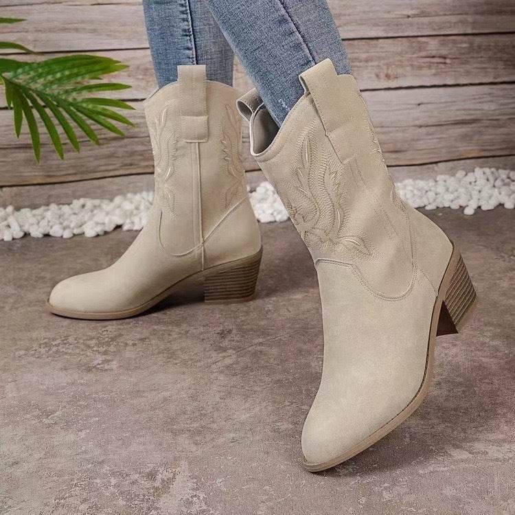 Fashion Chunky-heeled Pointed Toe Boots Winter Ethnic Style Embroidered Mid-Tube Western Shoes Women White
