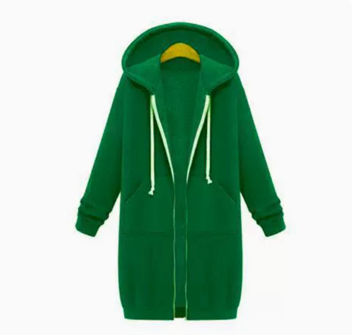 Hooded Long Sleeve Sweater Fleece Long Jacket Green
