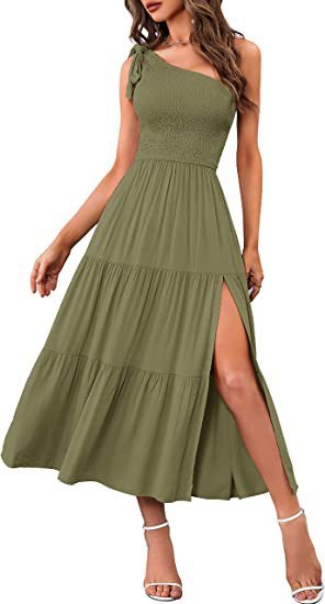 New Summer Fashion Women's One-shoulder Pleated Layered Hem Split Dress Green