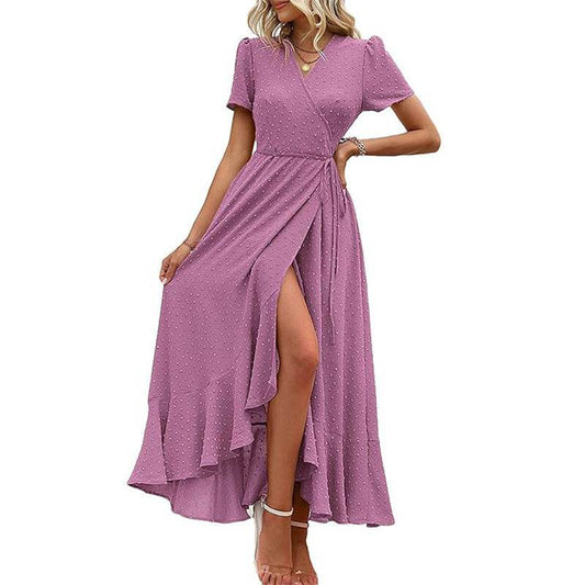 Short Sleeve Pleated Slit Hemline At Hem Beach Dress