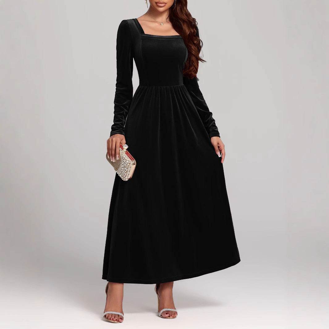 Temperament Red Evening Long Dress Pleuche Dress Black
