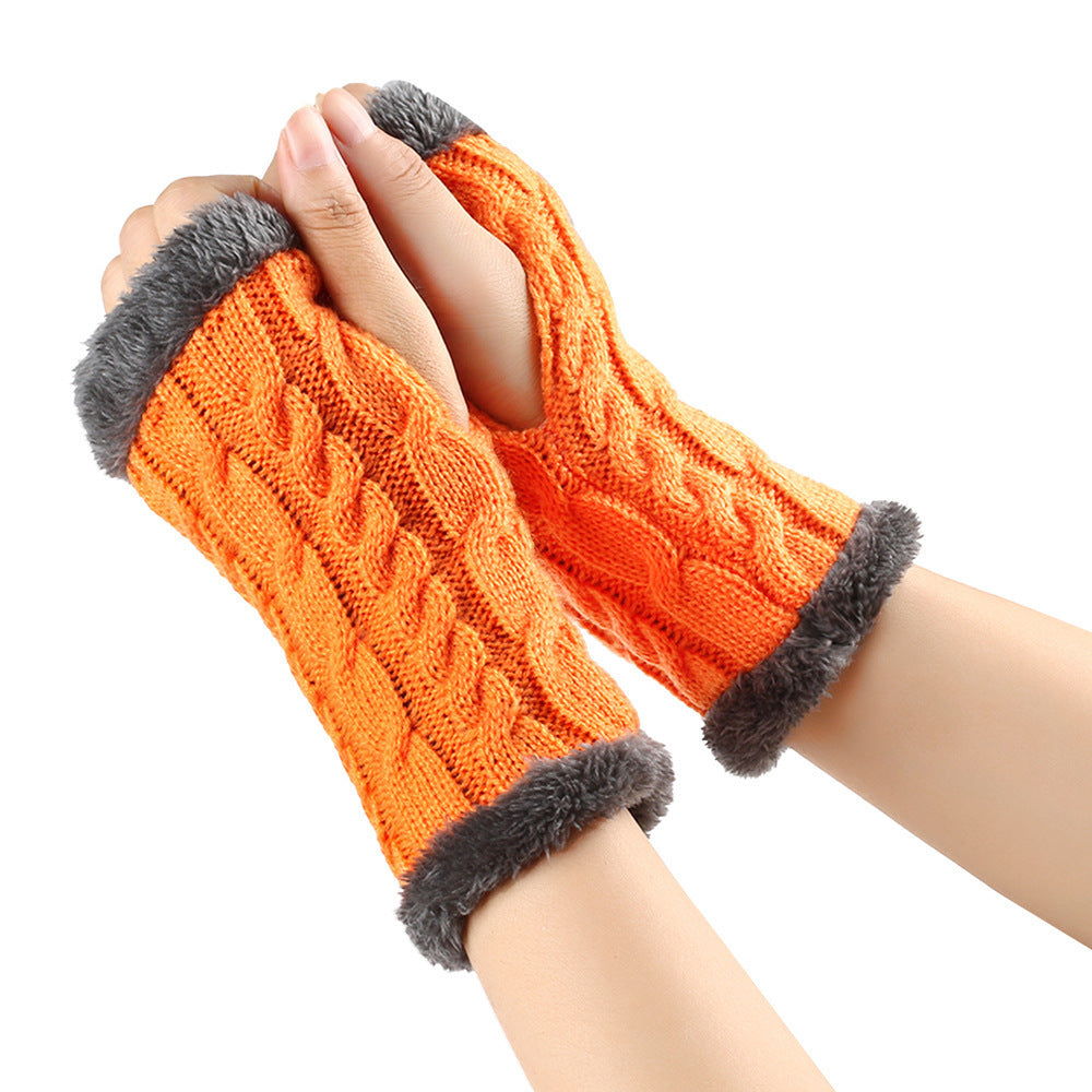 Winter Plush Gloves Twist Knitted Fingerless Fleece Gloves Women Warm Thickened Woolen Gloves Orange One Size