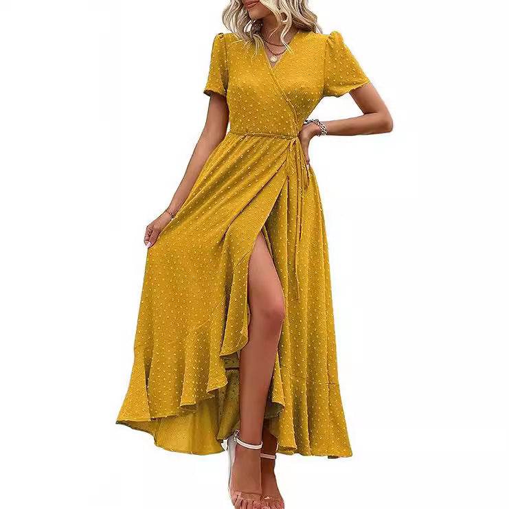 Short Sleeve Pleated Slit Hemline At Hem Beach Dress