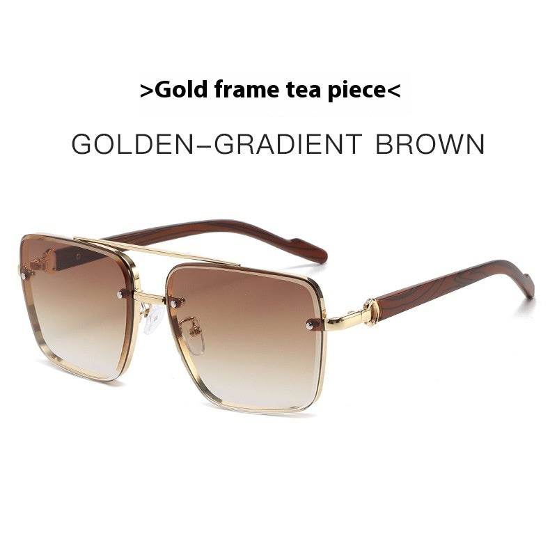 Metal Double Beam Frame Wood Grain Leg Sunglasses Gold Frame Gradient Tea
