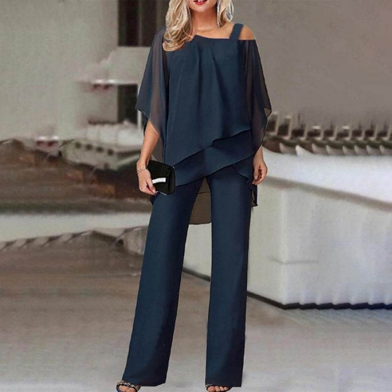 Solid Loose Irregular Suits Batwing Sleeve Top And Straight Trousers Outfits Womens Clothing Navy Blue