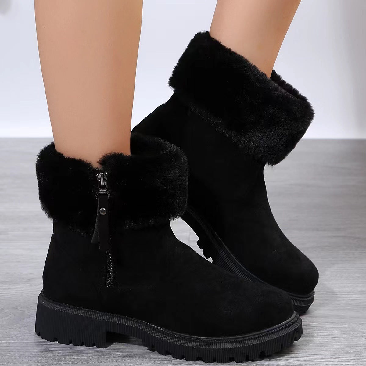 Warm Plush Boots Winter Fashion Side-Zipper Snow Boot For Women Outdoor Thickened Low-heelded Shoes Black