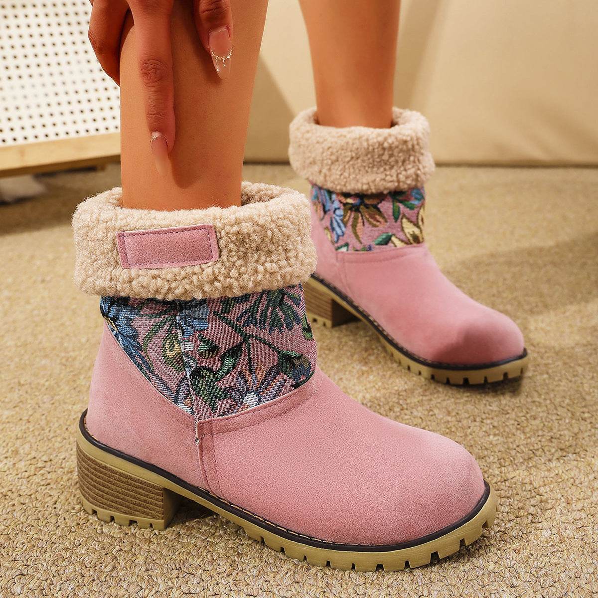 Flowers Embroidered Snow Boots Ethnic Style Platform Thick Square Heel Mid-tube Boot Winter Warm Cotton Shoes For Women Pink