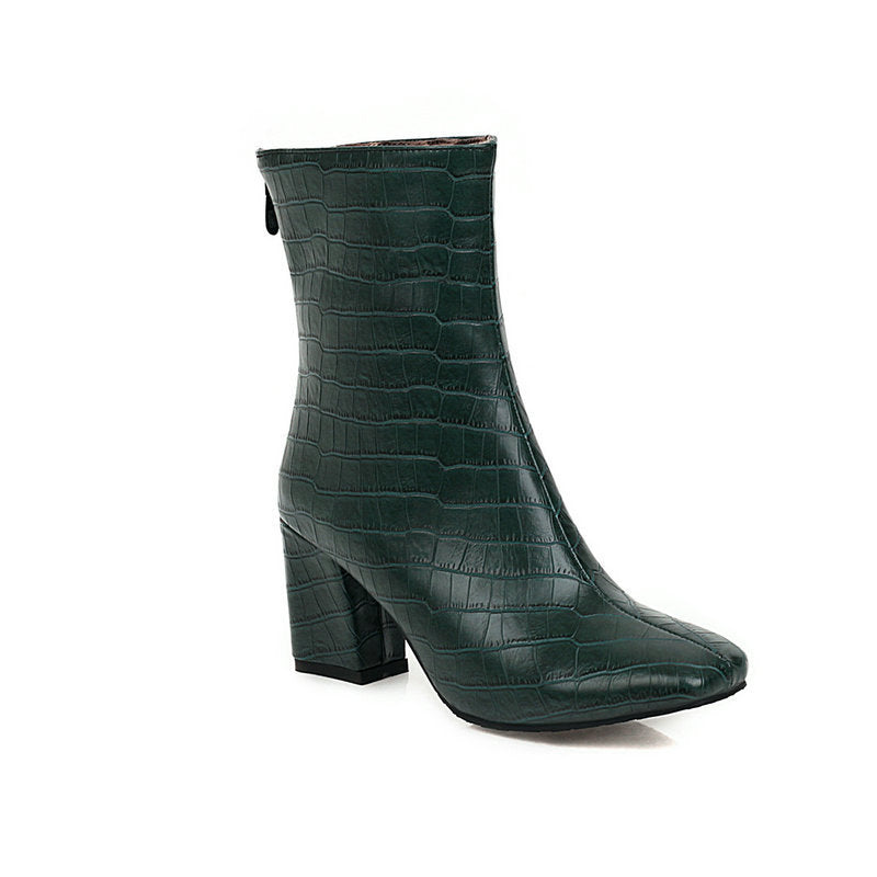 Stone Pattern Stretch Boots Square Toe Boots Green