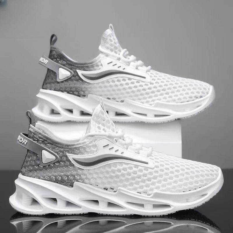 Men's Lace-up Sneakers Mesh Sports Shoes Fashion Hollow-sole Low Top Running Shoes White Grey