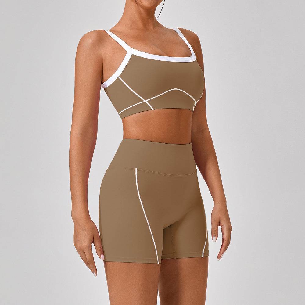 Outdoor Sports Yoga Suits Women's Spaghetti Strap Contrast Color Fitness Set Outfits Dark Khaki Short