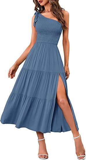 New Summer Fashion Women's One-shoulder Pleated Layered Hem Split Dress Denim blue