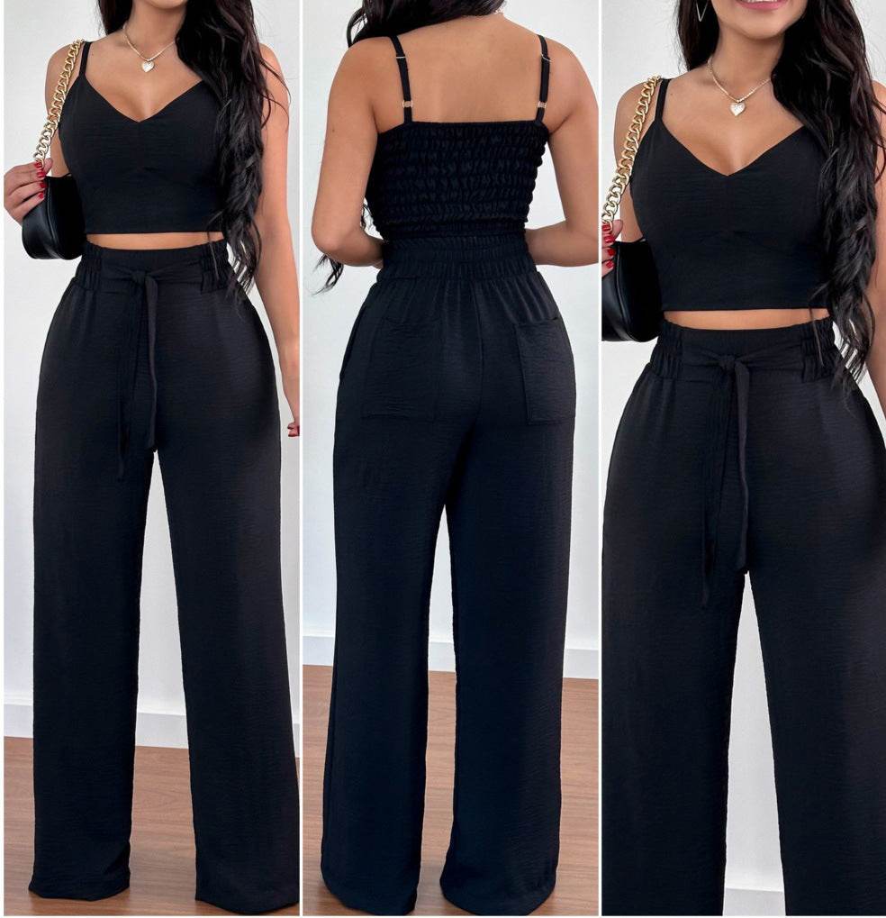 Women's Solid Color Slim Elastic Pleated Two-Piece Suit Sexy Spaghetti Strap V-neck Backless Vest High Waist Wide Leg Pants Suit Black