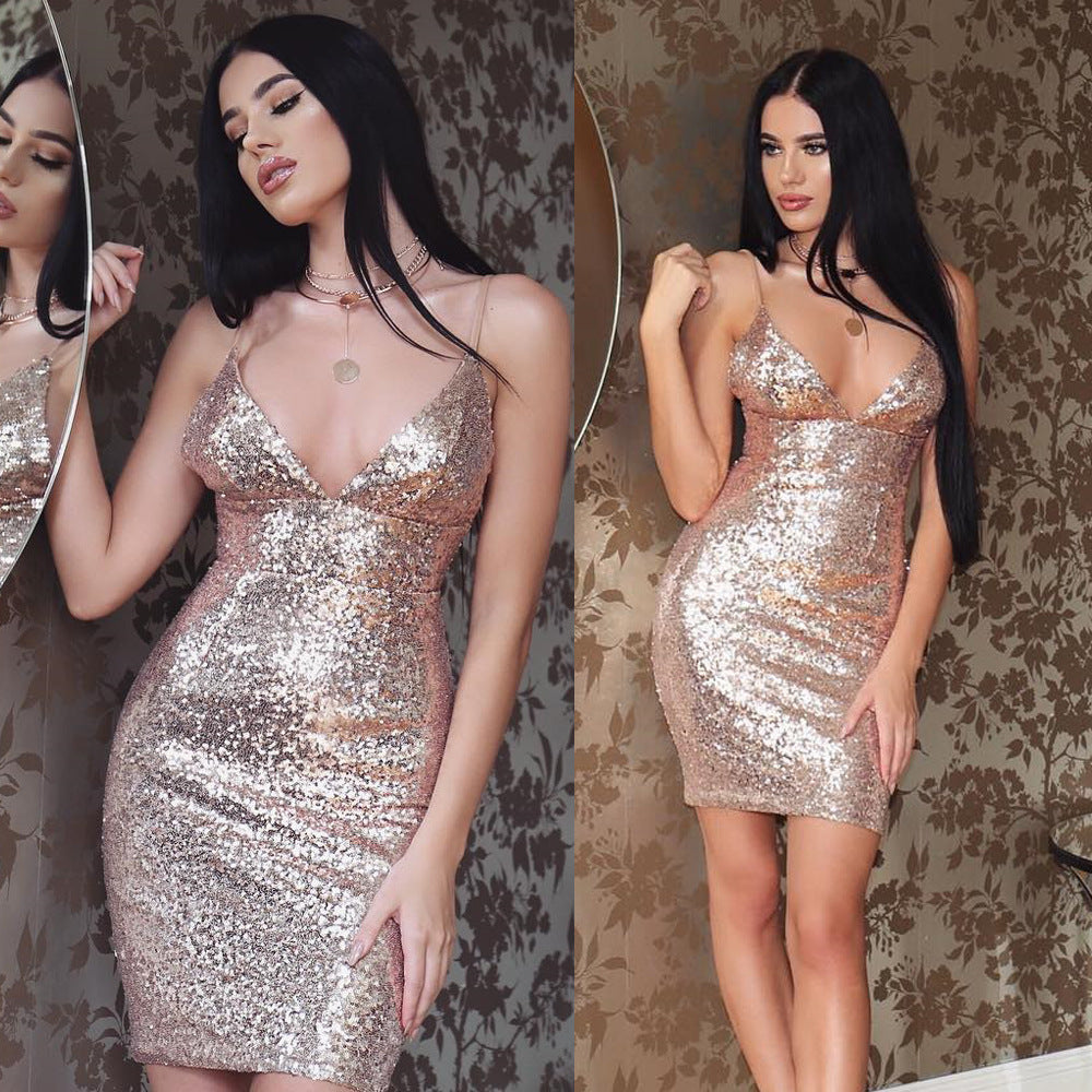 Strap sequin dress Rose gold