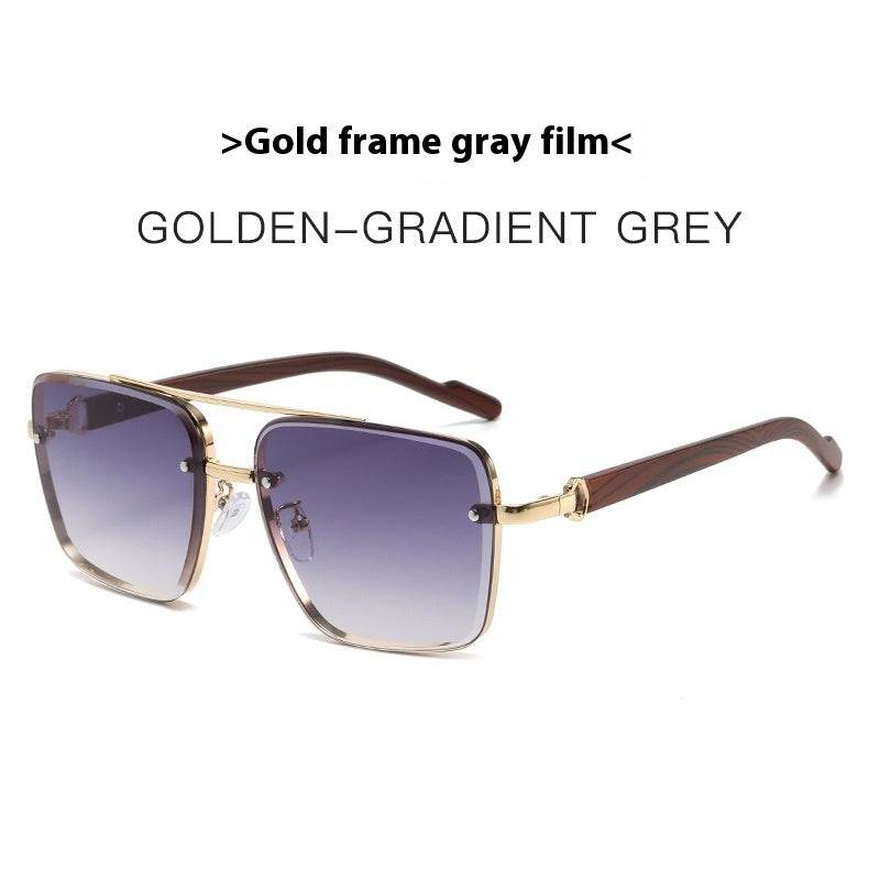 Metal Double Beam Frame Wood Grain Leg Sunglasses Gold Frame Gradient Gray