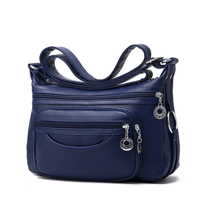 Soft Leather Casual Shoulder Bag Large Capacity Dark Blue 29X14X19