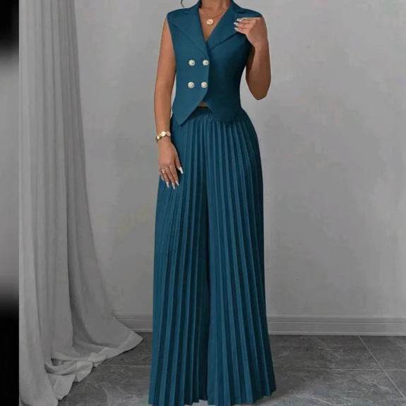 Summer Sleeveless Suit Fashion Lapel Button Vest Top And Pleated Straight Pants Women's Trousers Set Clothing