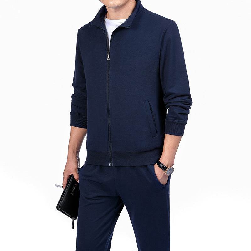 Spring And Autumn Plus Size Sports Casual Fashion Stand Collar Cardigan 2-piece Set Dark Blue