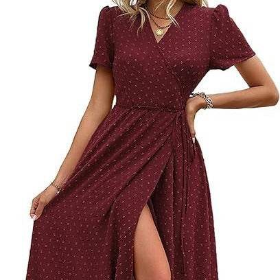 Short Sleeve Pleated Slit Hemline At Hem Beach Dress