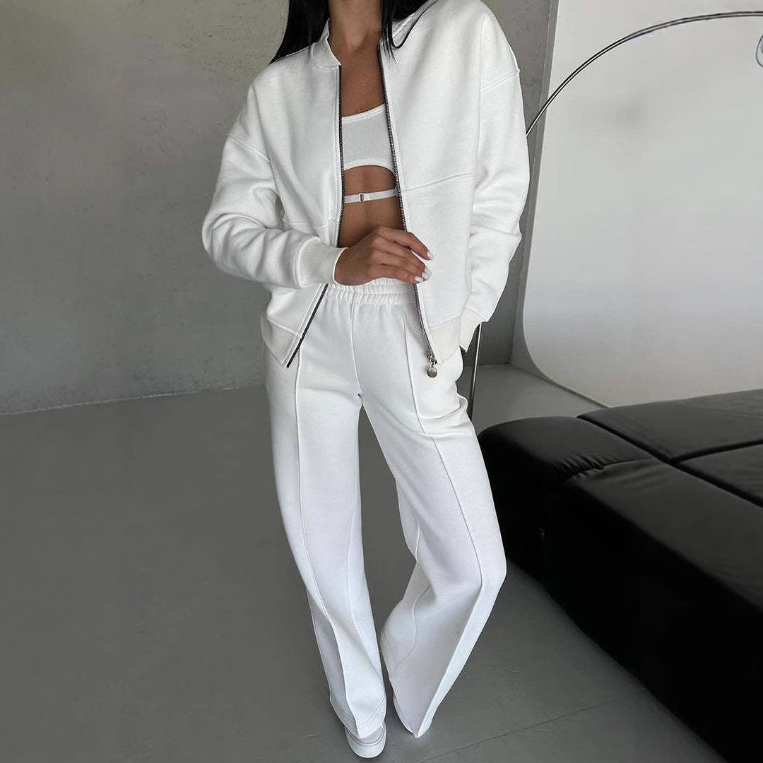 Women's Sports Suits Zipper Jacket And Wide Leg Pants Two-piece Set White