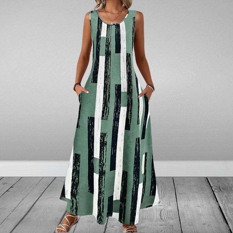 Sleeveless Slim Fit Elegant Printed Pocket Dress Green