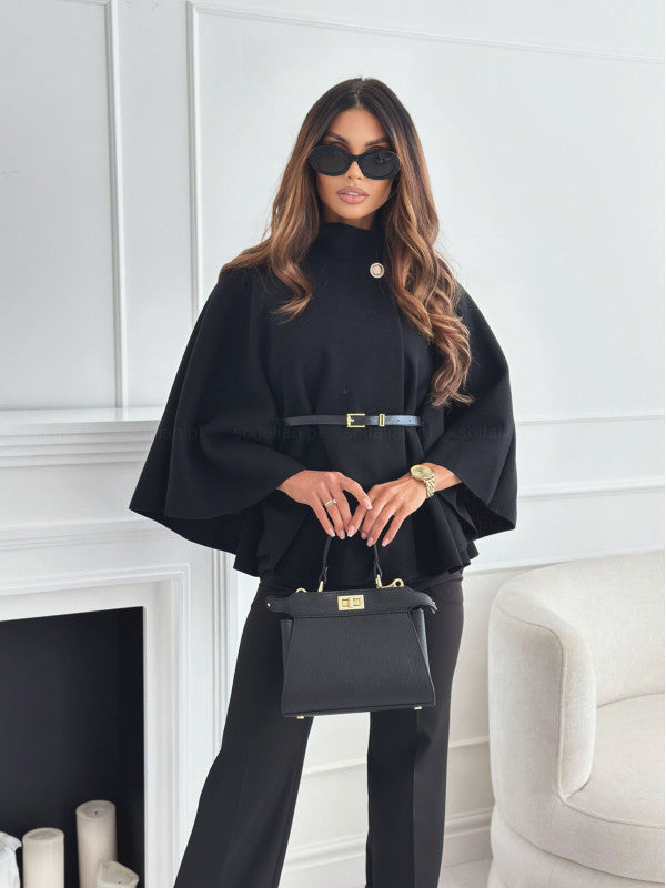 New Stand Collar Batwing Sleeves Cloak Top With Belt Ins Fashion Temperament Jacket Woolen Sweater Outwear For Women Clothing Black
