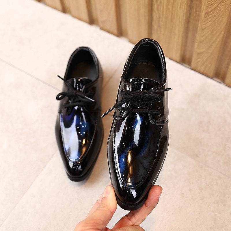 Fashion Low-heel Student Performance Shoes Children's Pointed Toe Lace-up Leather Shoes Black blue