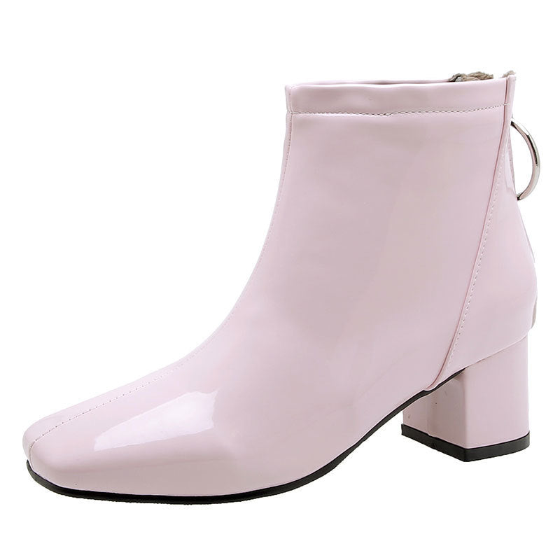 Mid heel lacquered square toe boots Pink