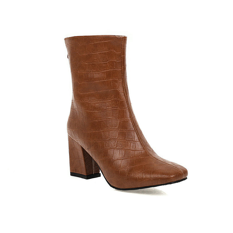 Stone Pattern Stretch Boots Square Toe Boots Brown