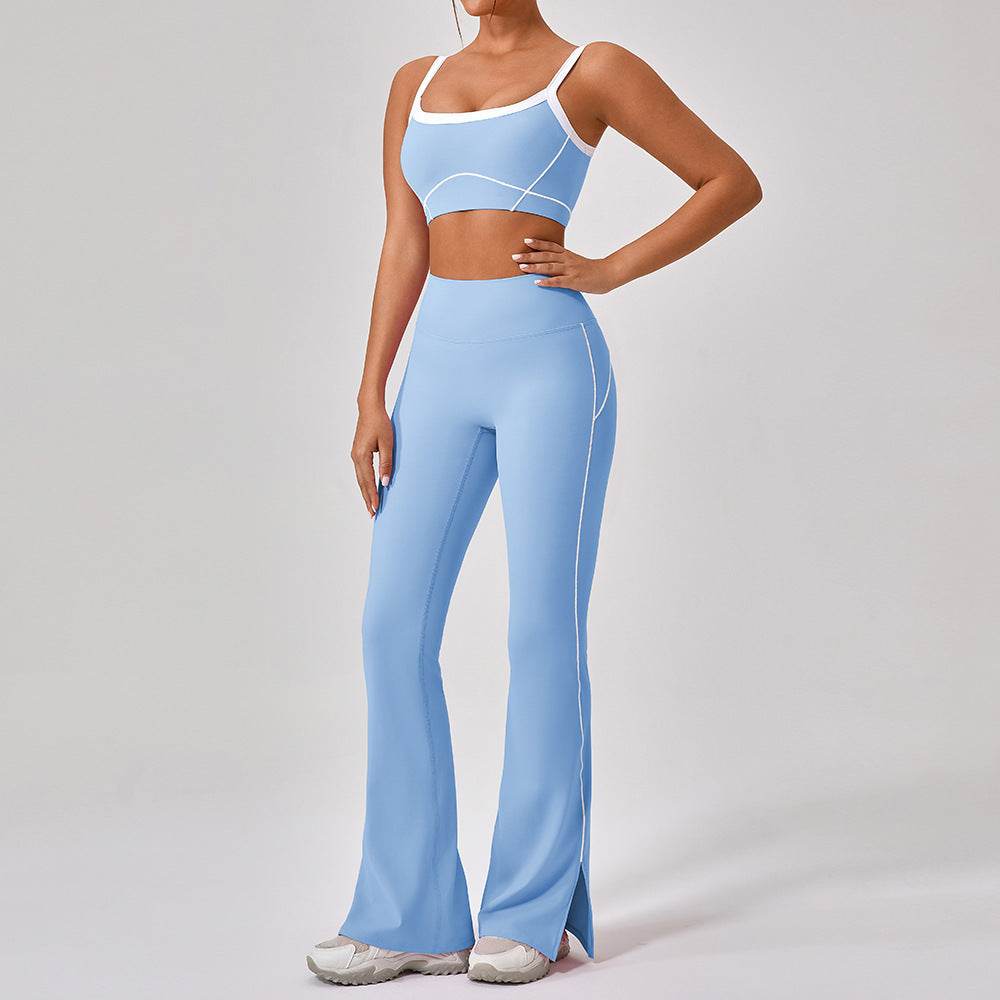 Outdoor Sports Yoga Suits Women's Spaghetti Strap Contrast Color Fitness Set Outfits Water Blue Long