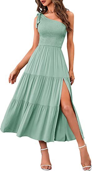 New Summer Fashion Women's One-shoulder Pleated Layered Hem Split Dress Light Green
