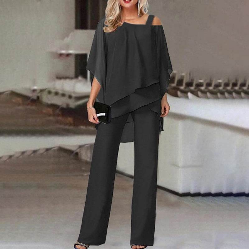Solid Loose Irregular Suits Batwing Sleeve Top And Straight Trousers Outfits Womens Clothing Black