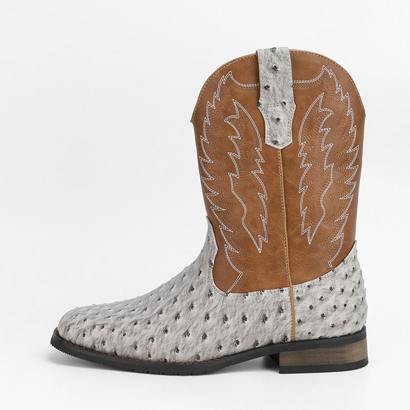 Western Denim Square Toe Motorcycle Men's Boots White Ostrich Grain 8853